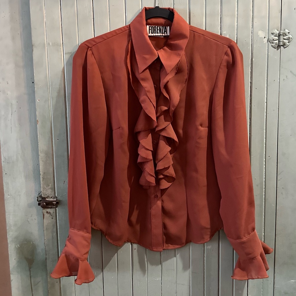 Vintage Forenza Rust Ruffle Front Blouse Romantic Sheer Button Up Size 6